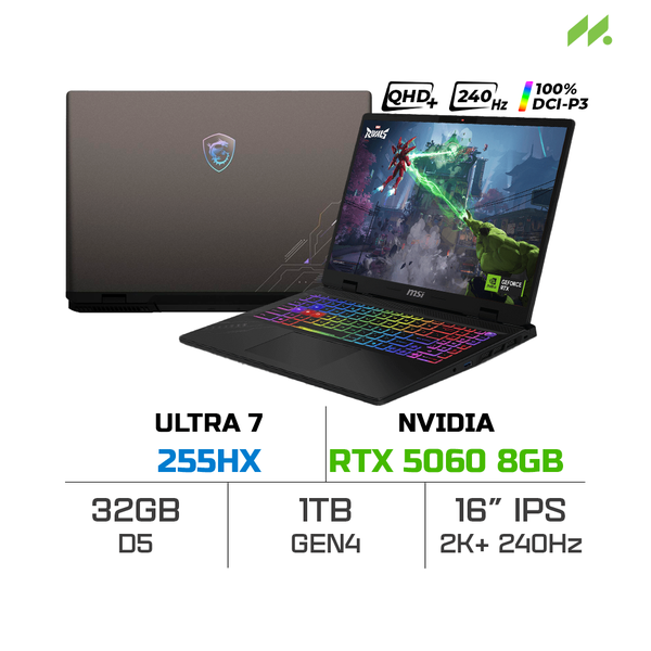 Laptop Gaming MSI Crosshair 16 HX AI D2XWFKG-036VN (Ultra 7 255HX, RTX 5060 8GB, Ram 16GB DDR5, SSD 1TB, 16 Inch IPS QHD+ 240Hz 100% DCI-P3, Win 11)